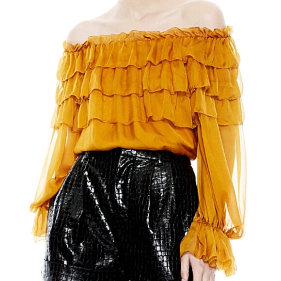 Alice + Olivia Ersa Silk Ruffle Tiered Off Shoulder Blouse XS Designer - Picture 2 of 11